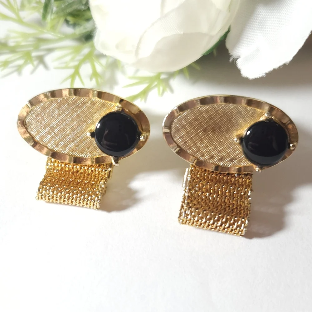 Vintage Di Gino Gold Plated Black Oynx Mesh Wrap Around Cuff Links High End 1950